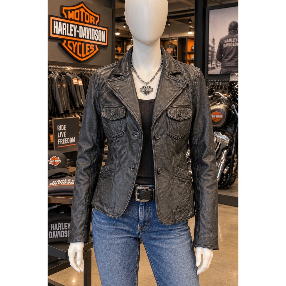 Harley Davidson Black Genuine Leather Moto Jacket Womens M Y2K